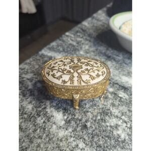 Vintage Metal Floral Filigree Footed Hinged Jewelry Casket Red Lining Japan